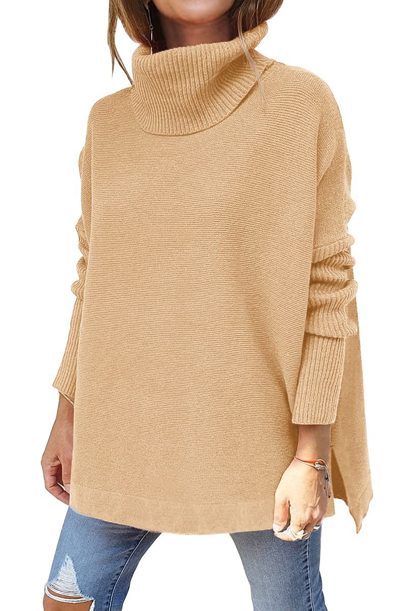 Turtleneck Sweater - Mid Length Batwing Sleeve Slit Hem Tunic Pullover