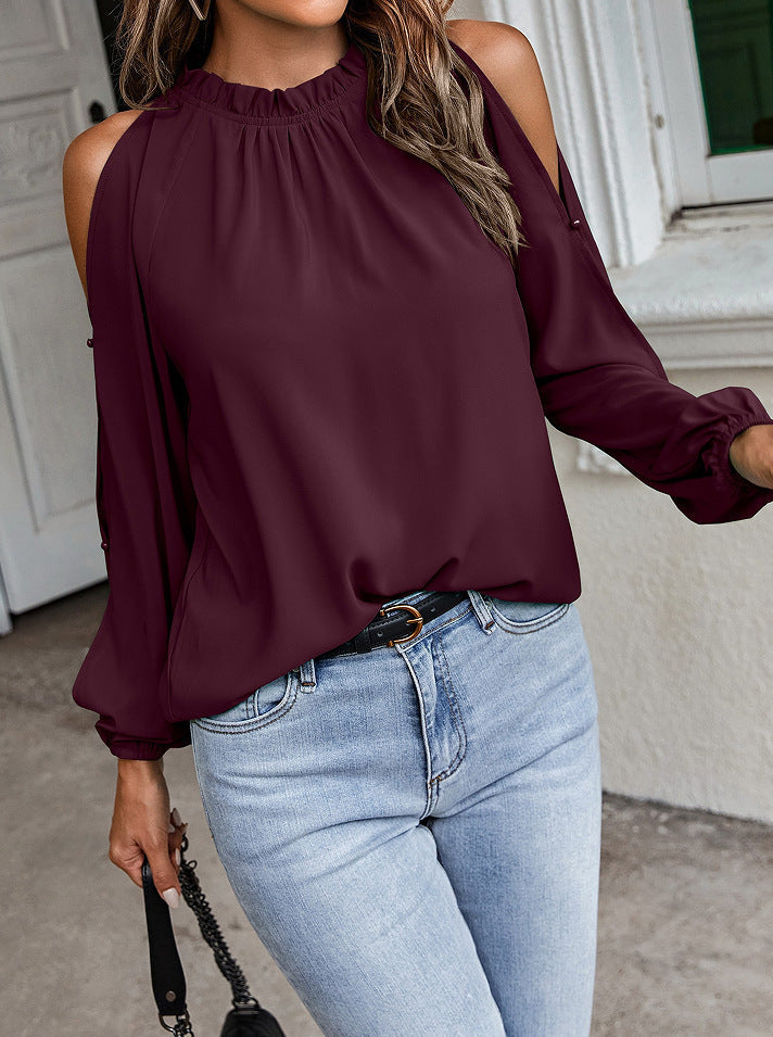 Long Sleeve Top - Ruffle Round Neck Long Sleeve Pleated Off-shoulder Top