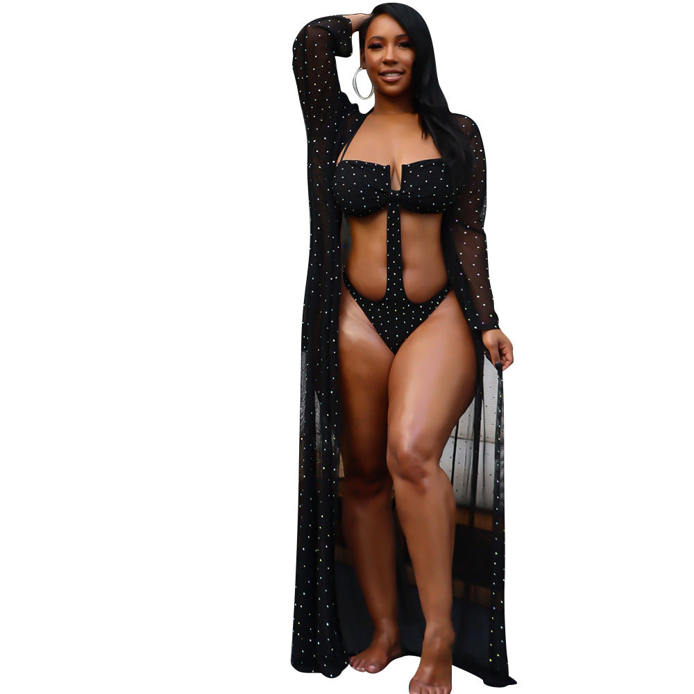 Women's Mesh See-Through Hot Drilling Long Sleeve Swimsuit Cape