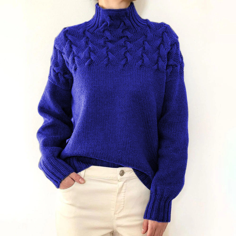 Sweater - Fashion Cable Woven Detail High Collar blue