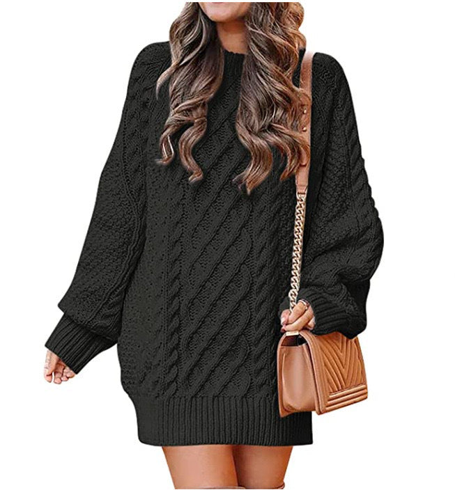 Sweater - Women's Twisted Knit Midi Sweater Dress with Long Sleeves black