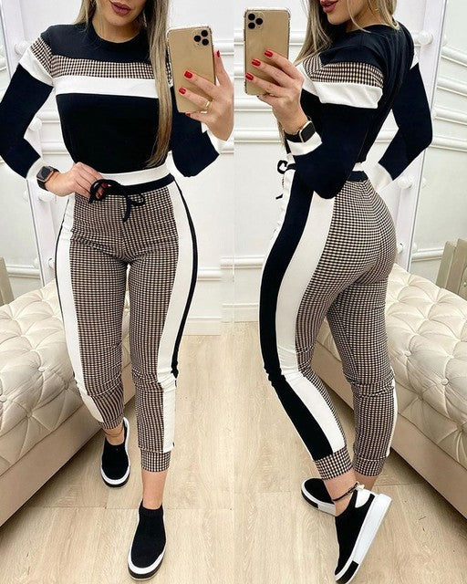 Fashion Women Sets Short Sleeve Tops High Waist Pant front & side view