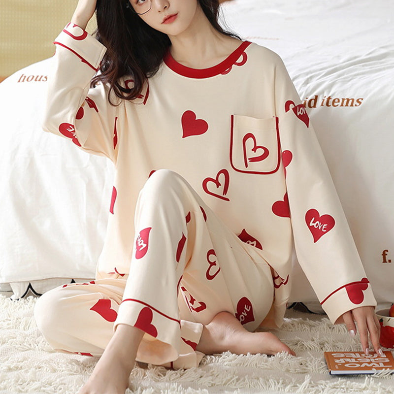 Loose Print Pajamas Women Autumn Winter Pyjama Set Long Sleeves And Trousers Elegant Sleepwear Girl Loungewear Home Clothes