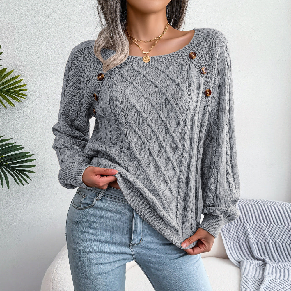 Sweater - Square Neck Button-Up Twisted Knit Sweater grey