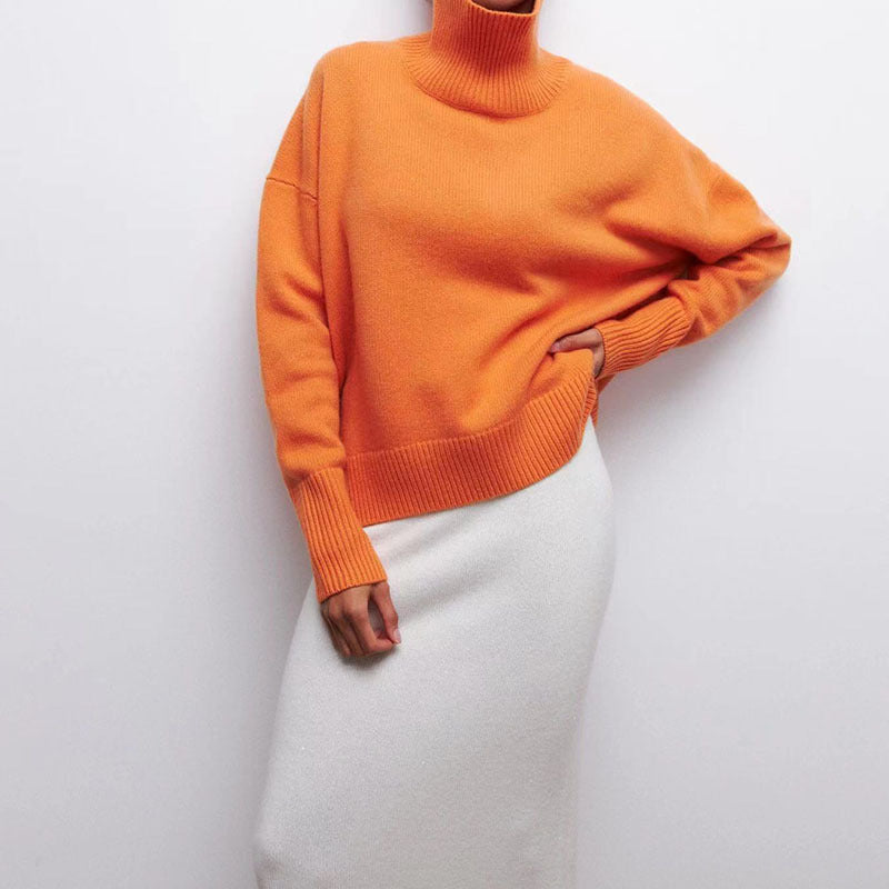 Sweater - Women's Long-sleeved Pullover Solid Color Sweater orange