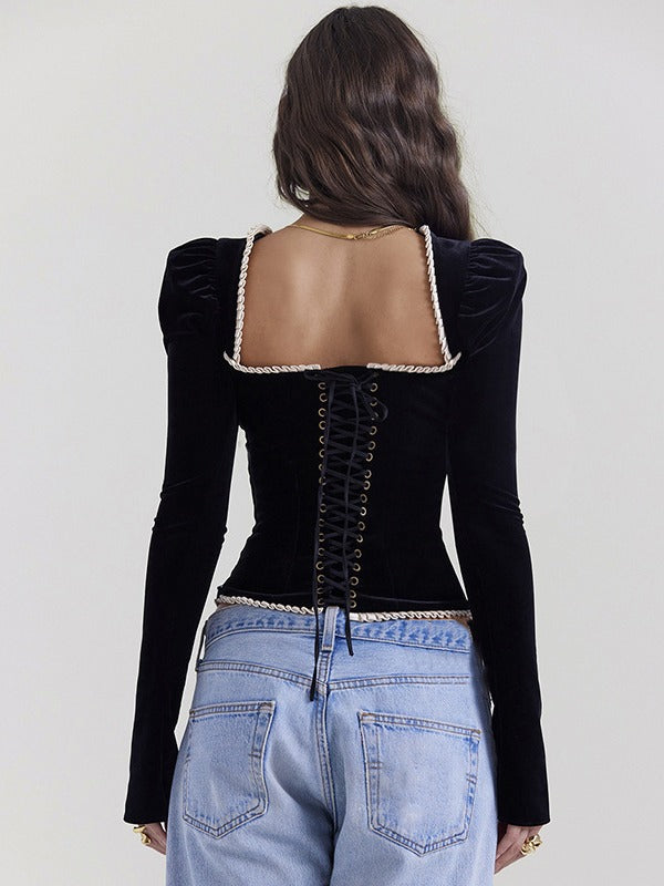 Womens Top - Square Collar Velvet Backless Lace Up T-shirt Top