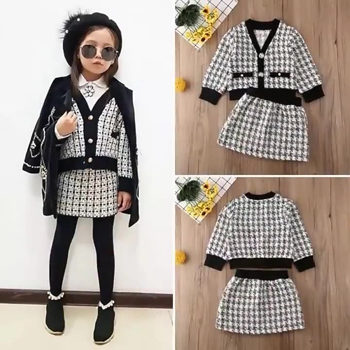 Girls' Houndstooth Pattern 2pcs, Button Front Coat & Skirt Set