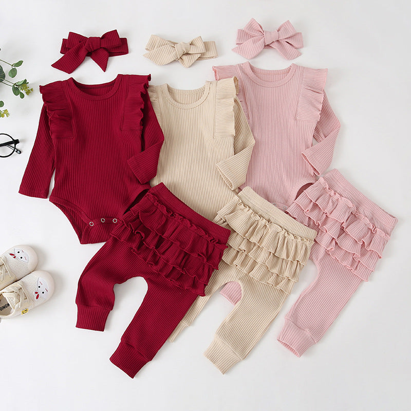 Baby Girls' Casual Long-sleeved Lace-sleeved Romper 3pcs Suit & Bow Headdress