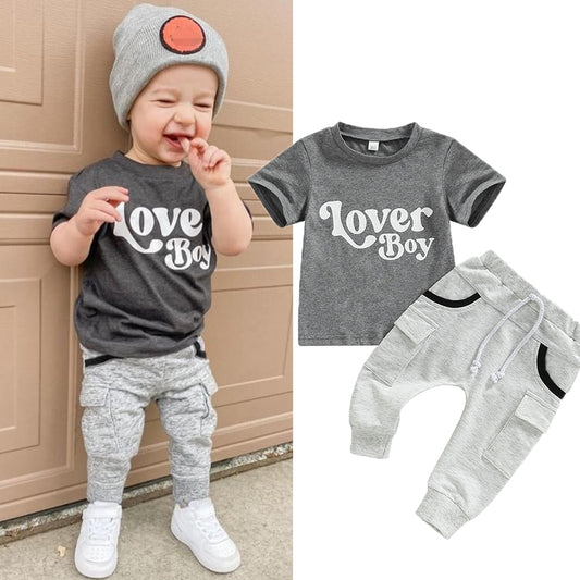 Ensemble de vêtements d'été gris pour bébé garçon, T-shirt imprimé monogramme à manches courtes