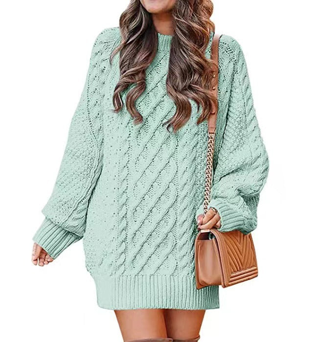 Sweater - Women's Twisted Knit Midi Sweater Dress with Long Sleeves light green