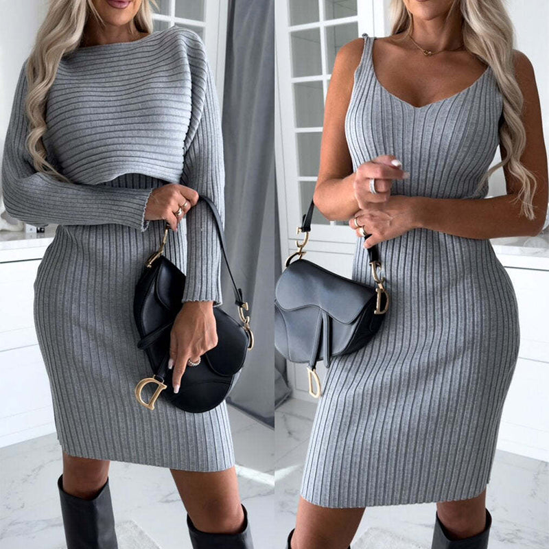 Women Suit - Striped Long Sleeve Top and Suspender Skirt Set