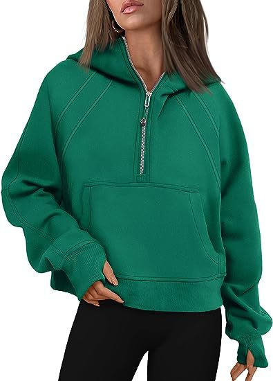 Hoodie - Loose Fit Zip-Up Hooded Sweatshirt with Pockets green