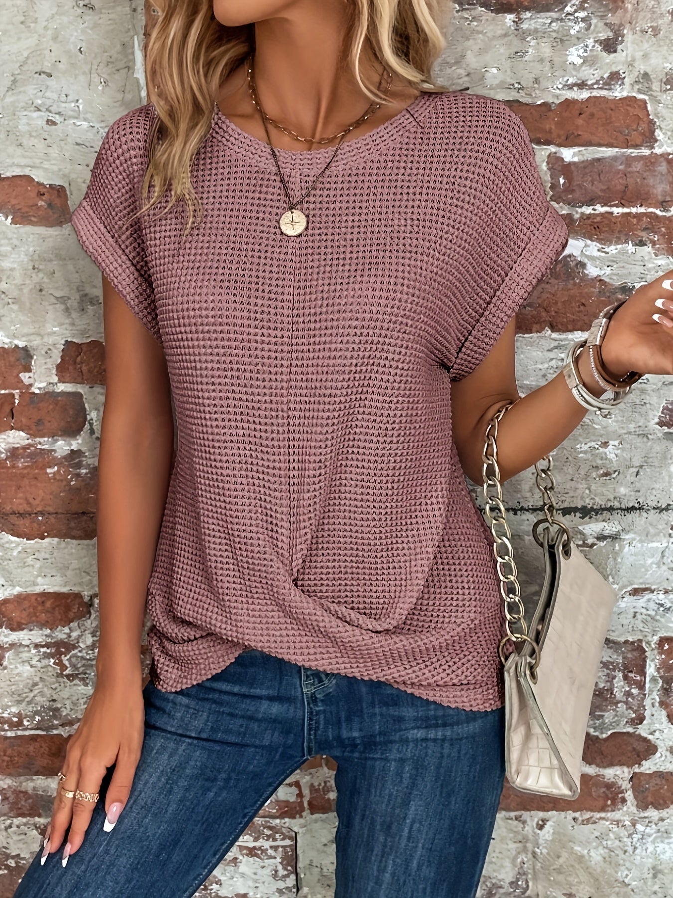 Women's Shirt - Casual Twist Hem Crew Neck Short Sleeve T-Shirt for Spring/Summer purple