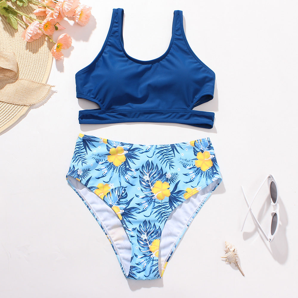 Ladies High Waist Solid Color Printed Swimsuit