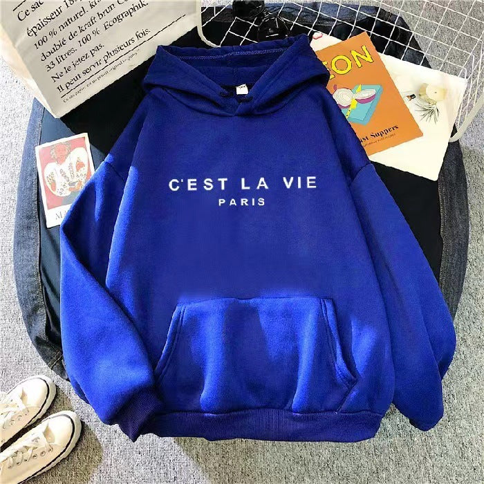 Hoodie - Letter Print Loose Fit Hooded Sweatshirt for Students blue