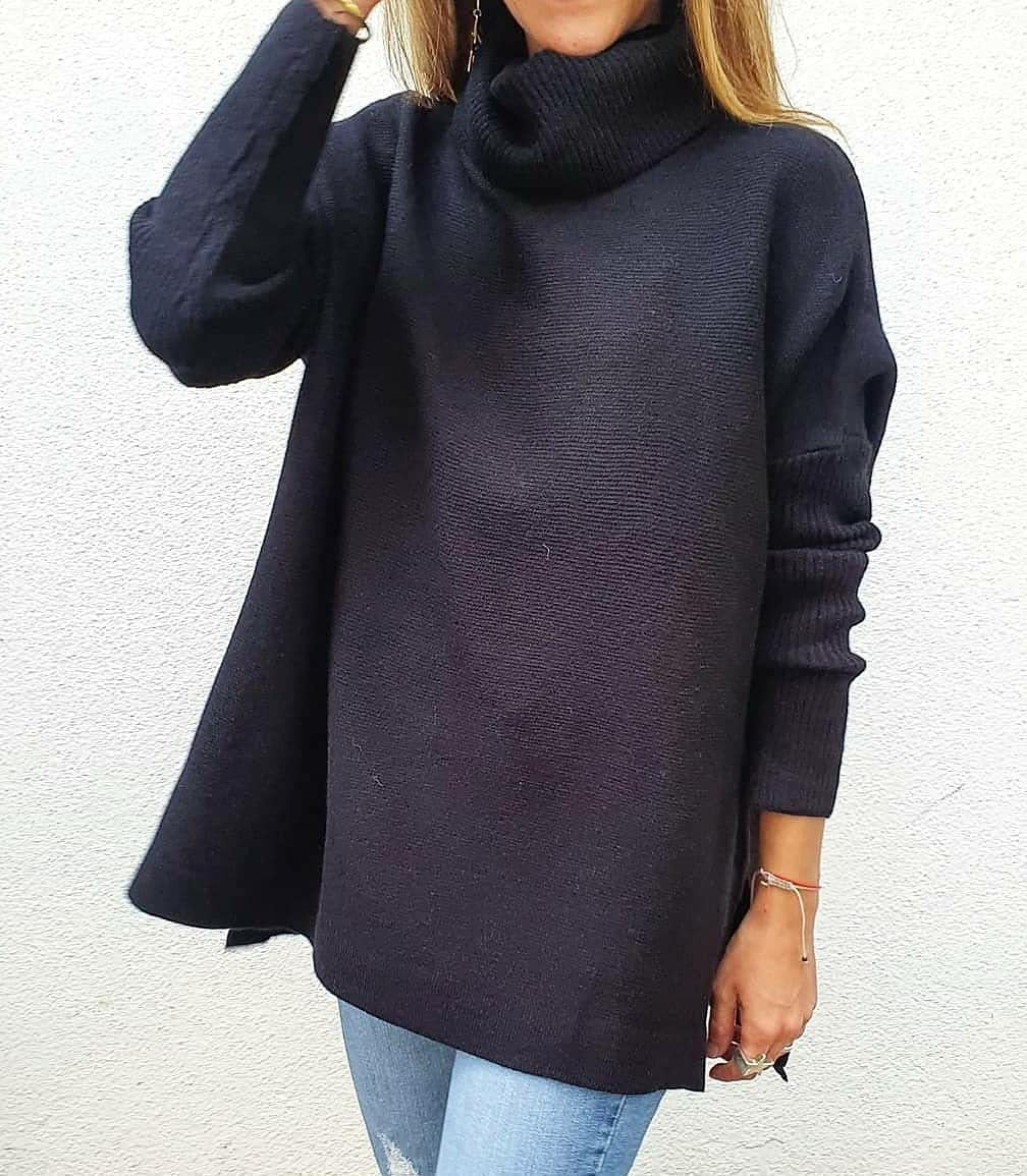 Turtleneck Sweater - Mid Length Batwing Sleeve Slit Hem Tunic Pullover