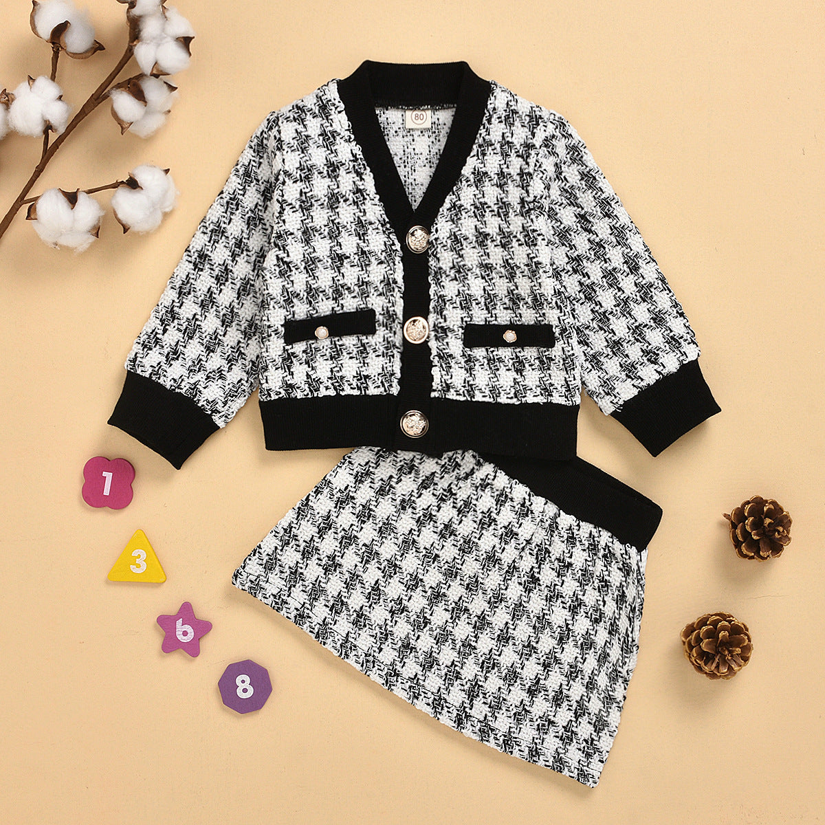 Girls' Houndstooth Pattern 2pcs, Button Front Coat & Skirt Set