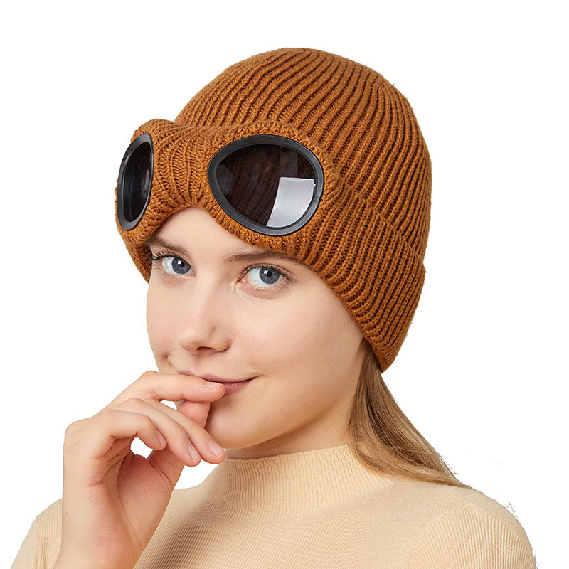 Warme gestrickte Wollmützen mit winddichter Brille Herbst und Winter für Männer und Frauen, Gehörschutzkappe