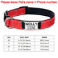 Red dog collar with nameplate and size chart on a white background