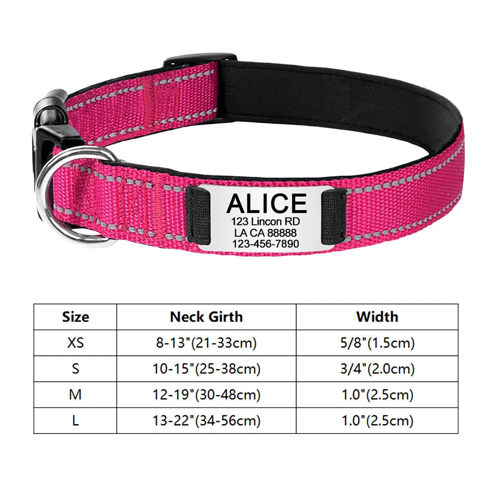 Pink dog collar with nameplate and size chart on a white background