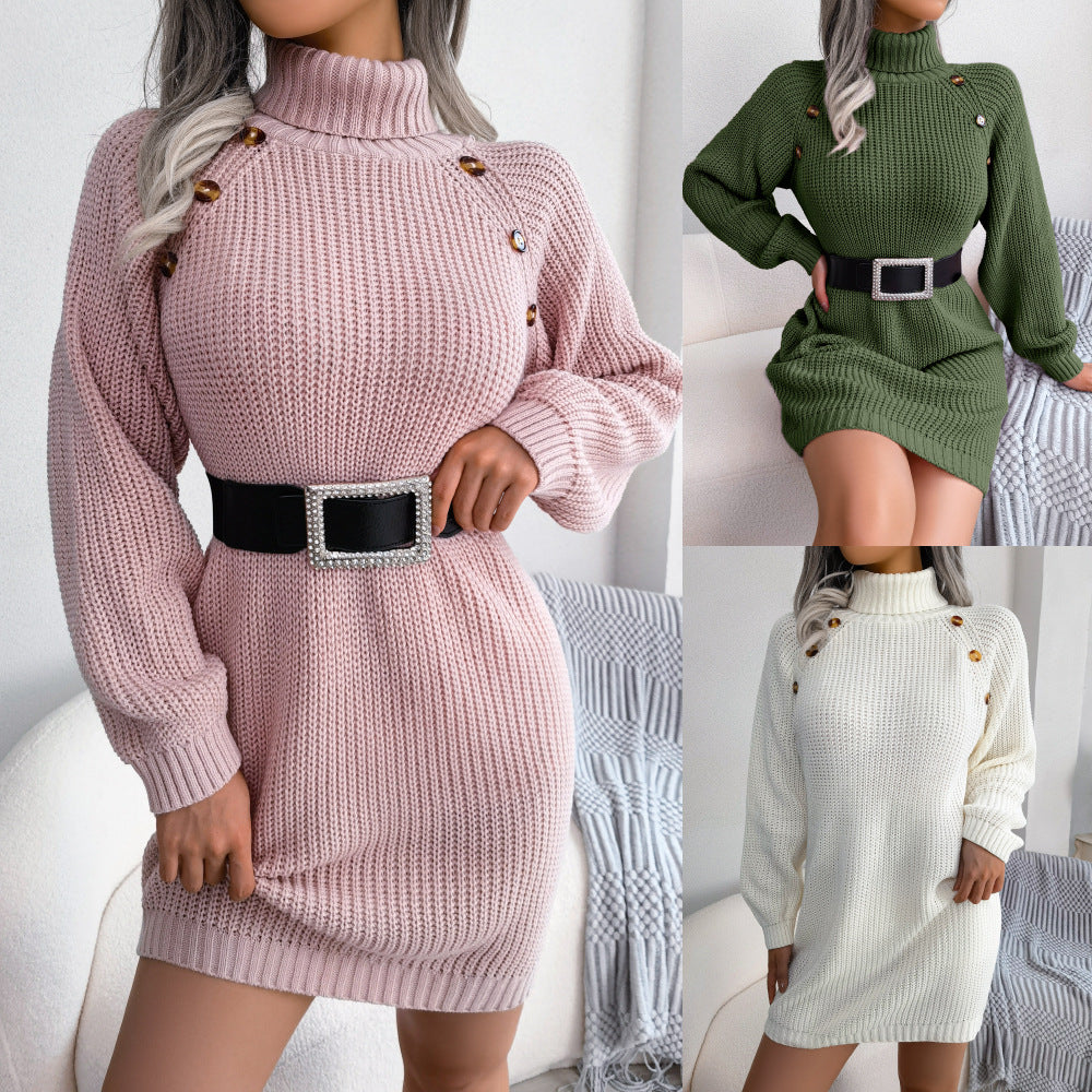 Sweater - Women's Button Detail Turtleneck Sweater Dress for Winter