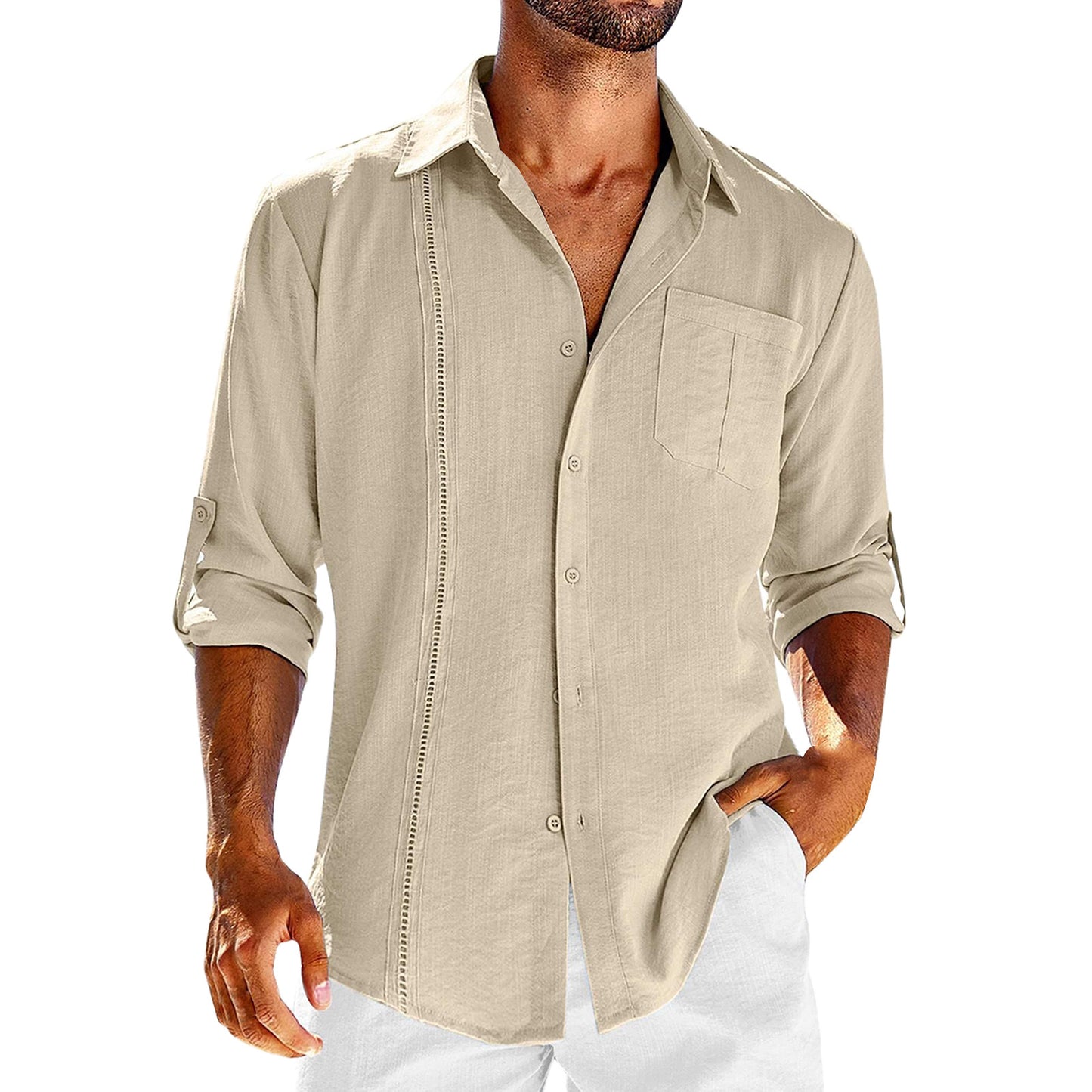 Chemise décontractée à manches longues avec poche en dentelle col polo bouton de couleur unie vêtements pour hommes