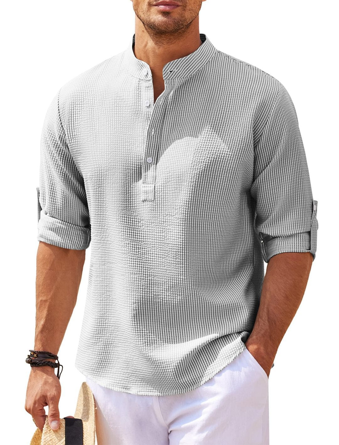 Chemise décontractée à manches longues pour hommes, col montant, couleur unie, vêtements pour hommes