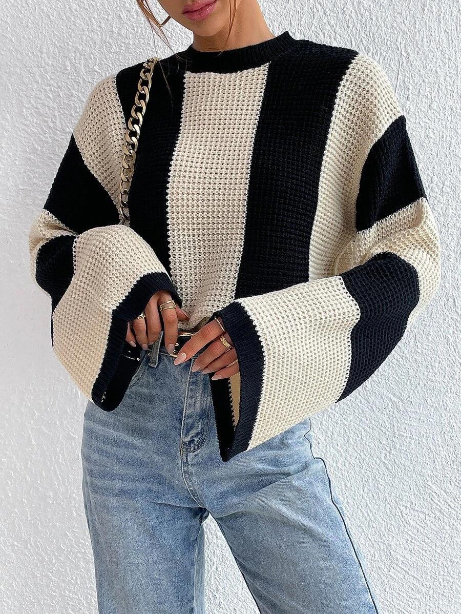 Sweater - Women's Round Neck Striped Knitted Sweater