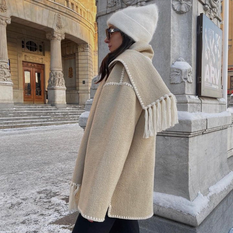 Winter Jacket - Women's Fashionable Thick Woolen Coat with Scarf Tassels 