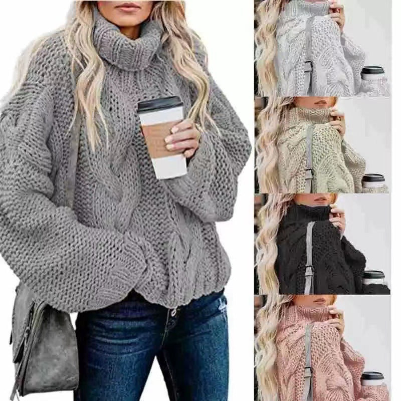 Sweater - Women's Casual Oversized Turtleneck Sweater with Long Sleeves