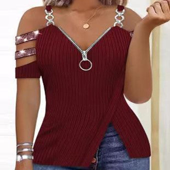 V-neck Top - Women's Rhinestone Zipper Eyelet V-neck Raglan Sleeve Sling Irregular T-shirt red