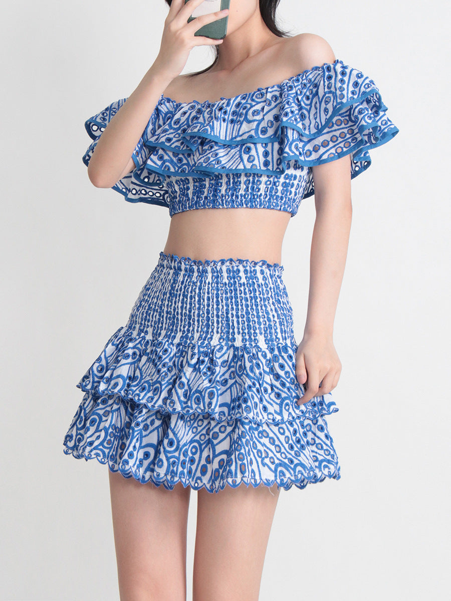 Seaside Vacation Style Two-piece Collar Short Ruffled Shirt High Waist Skirt Outfit