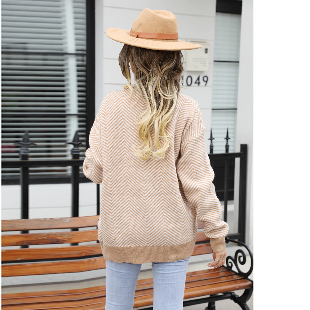 Sweater - Women's Casual Button-Up Color Block Cardigan Sweater