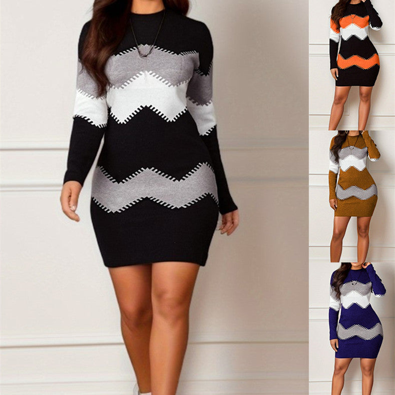 Sweater Dress - Round Neck, Long Sleeve, Printed Knitted Sheath Skirt"