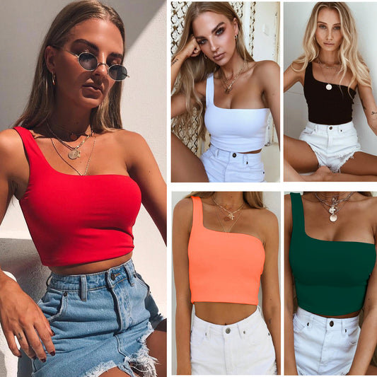 Sleeveless Crop Top - Women's Sexy One-Shoulder Crop Tank Top for Summer