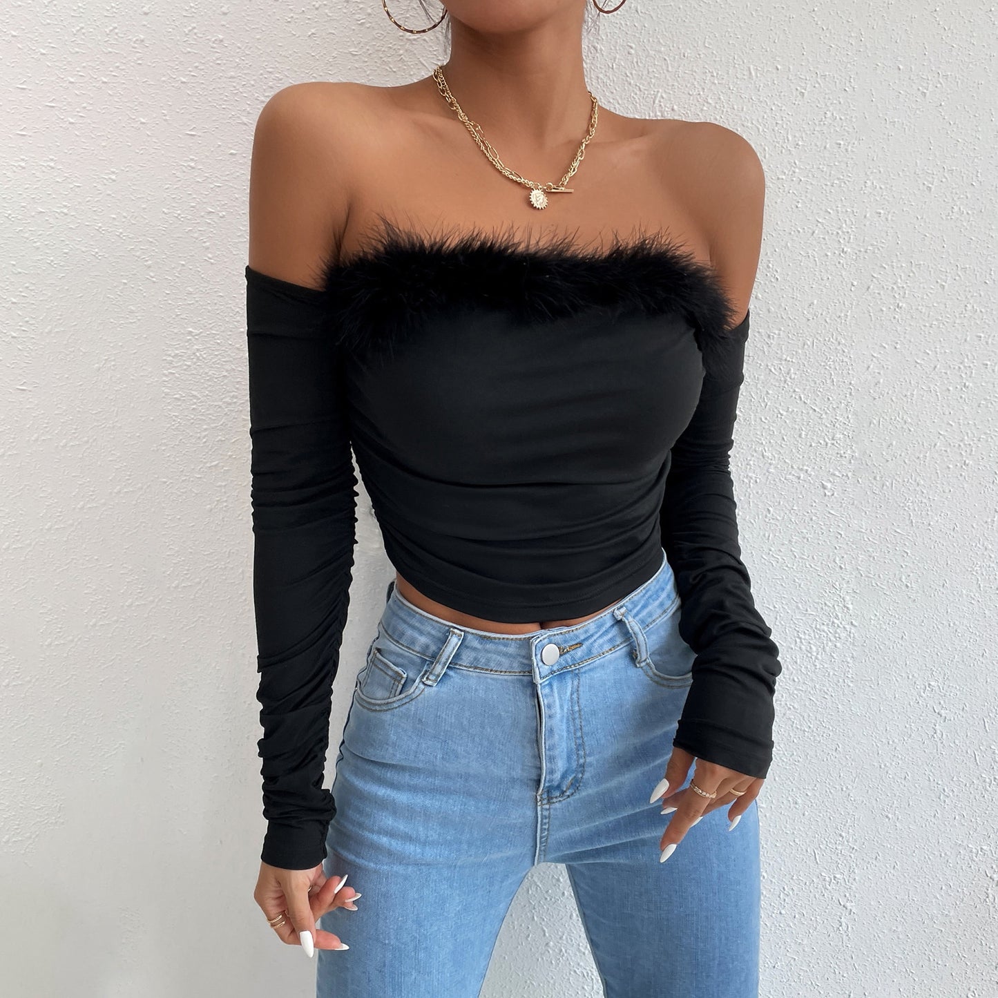 Women Top - Vintage Off-the-Shoulder Sweater Top black