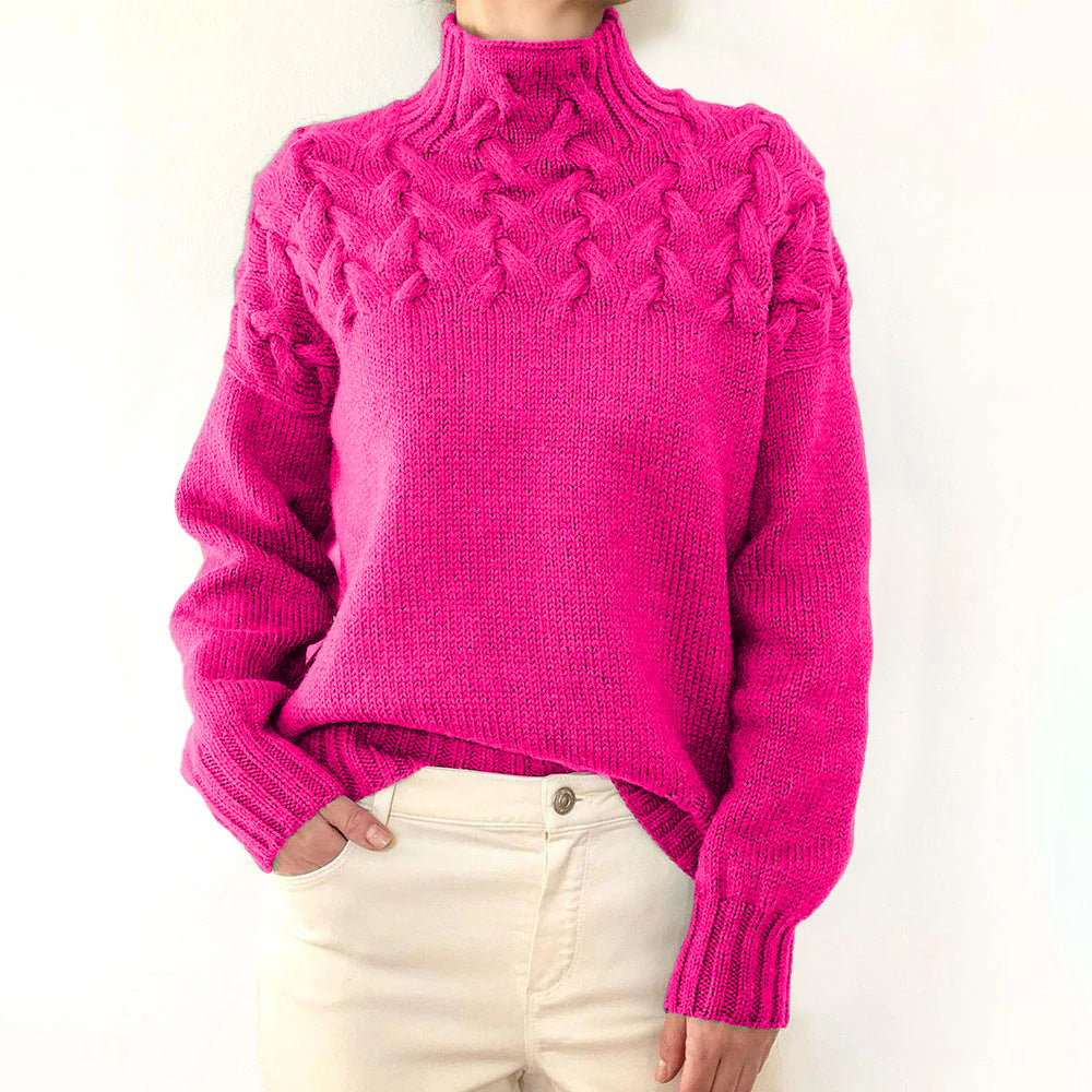 Sweater - Fashion Cable Woven Detail High Collar pink