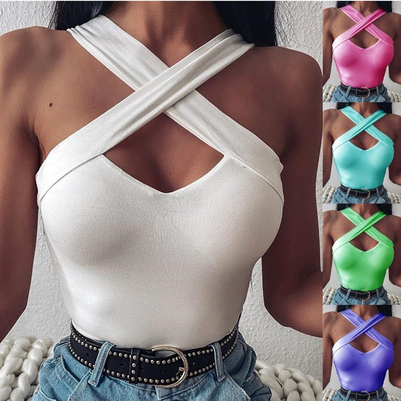 Sleeveless Tops - Cross Neck Sleeveless Tank Top T-Shirts