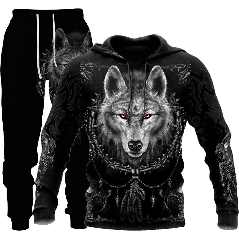 Tracksuit: 3D Wolf Print Hooded Sweatsuit for Men