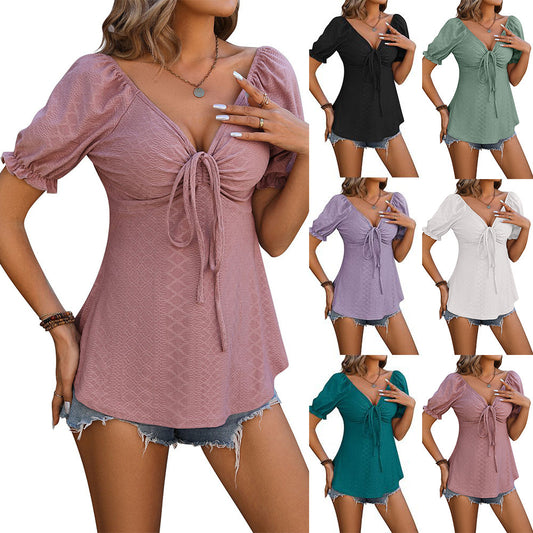 Short-sleeved Top - V-neck Drawstring Design Summer Solid Color T-shirt Womens Clothing