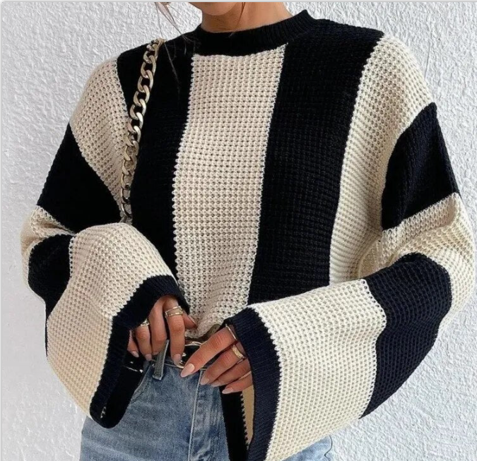 Sweater - Women's Round Neck Striped Knitted Sweater