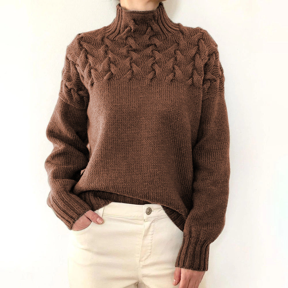 Sweater - Fashion Cable Woven Detail High Collar brown