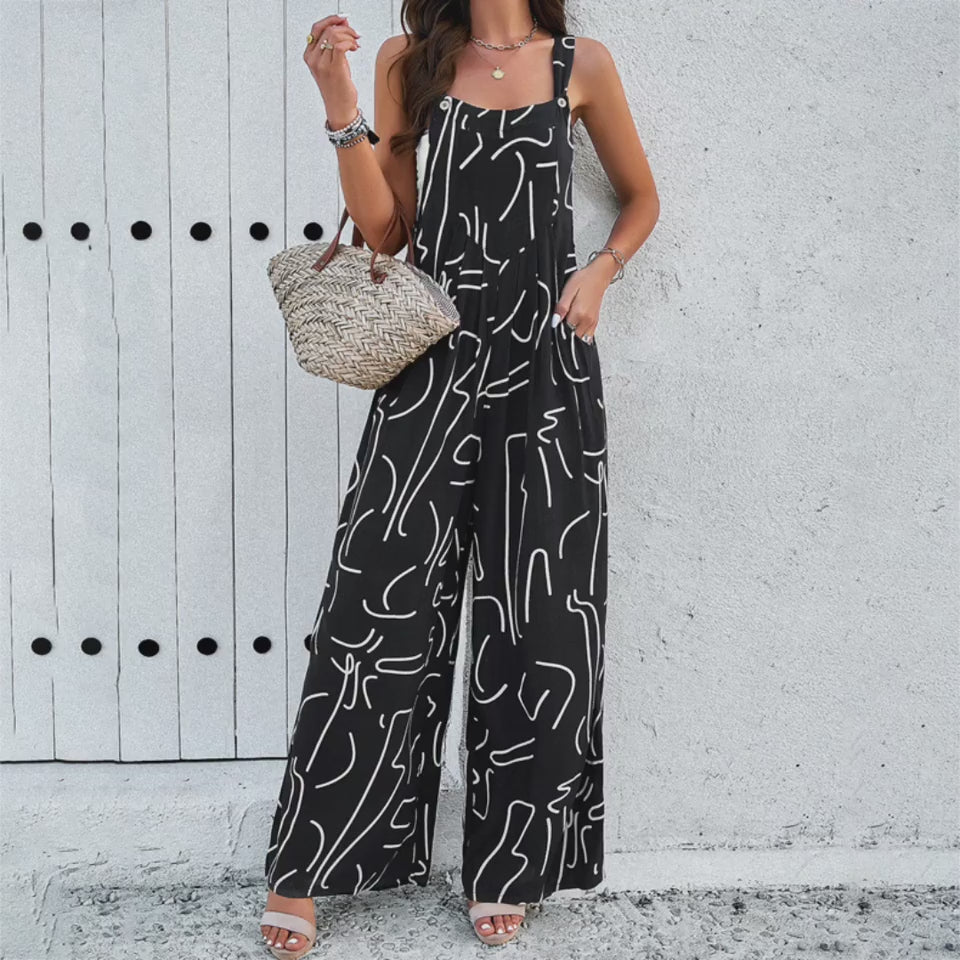 Jumpsuit - Fashion Print Square Neck Jumpsuit With Pockets Spring Summer Casual Loose Overalls Womens Clothing video
